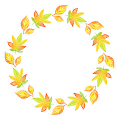 Watercolor autumn leaves wreath isolated on transparent background. Floral illustration.