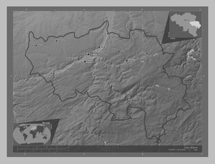 Liege, Belgium. Grayscale. Labelled points of cities
