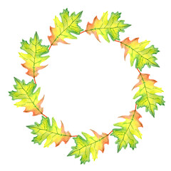 Watercolor autumn colorful leaves wreath isolated on transparent background. Floral illustration.