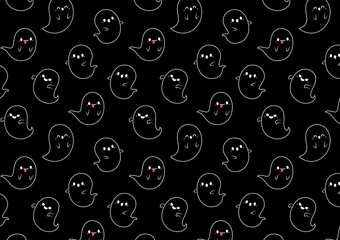 Cute ghost pattern wallpaper. Pattern of cute little cartoon ghosts on black background.