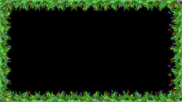Christmas festive frame twinkling lights, fir branches, decorations, candy, for space for design greeting card and commercials. Christmas-themed frame with natural green garlands and twinkling lights.