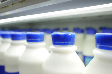 fresh milk in a plastic bottle in a shelf 