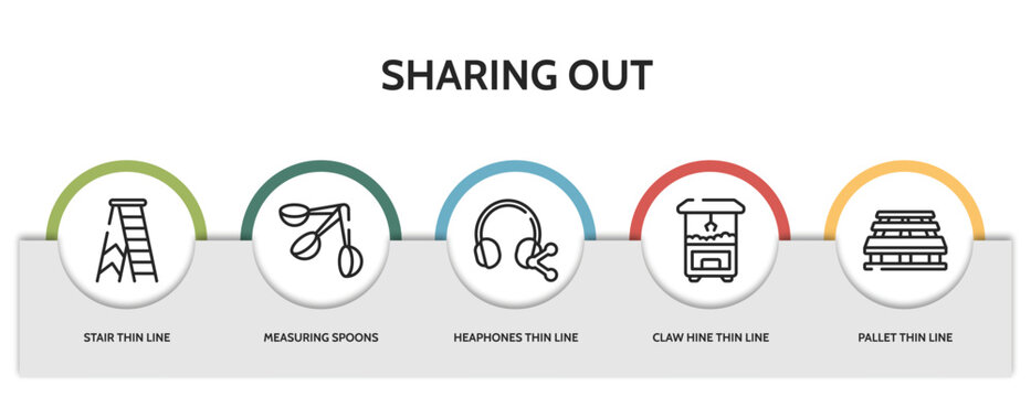 Set Of 5 Thin Line Sharing Out Icons With Infographic Template. Outline Icons Including Stair Thin Line, Measuring Spoons Thin Line, Heaphones Claw Hine Pallet Vector. Can Be Used Web And Mobile.