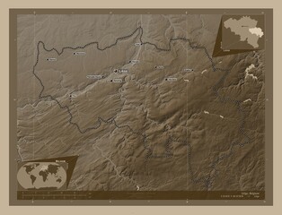 Liege, Belgium. Sepia. Labelled points of cities