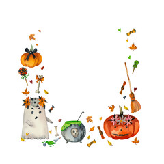 Fototapeta premium Square frame with watercolor Halloween elements. Ghosts, pumpkins, broom and autumn leaves, sweets hand-painted in watercolor on a white background. Suitable for postcards, invitations