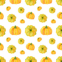 Watercolor autumn pumpkin seamless pattern isolated on transparent background. Thanksgiving illustration.