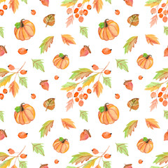 Watercolor autumn leaves and pumpkin seamless pattern isolated on transparent background. Floral illustration.