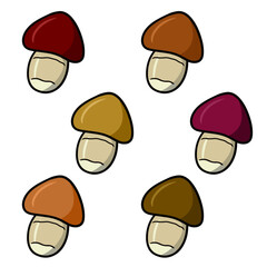 A set of colored icons, a small mushroom with a red and brown hat, vector cartoon