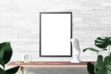 Clean minimal frame mockup on the wall with desktop and leaves