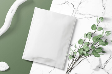 Clean minimal packaging mockup on marble with plant and stick