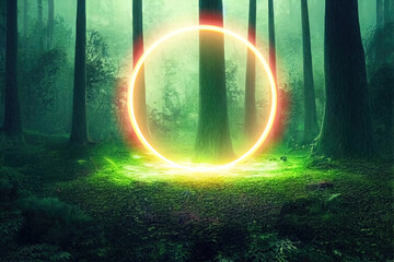 In the center of the forest stands a night scene  portal to the netherworld. The rim of the portal glows yellow. Landscape with mystic green glowing in neon frame. 3d illustration - obrazy, fototapety, plakaty