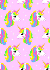 Adorable unicorn with colorful mane on pink background. Vector seamless pattern