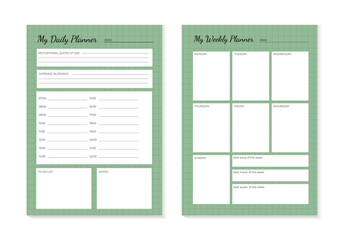 SET Planners Template of personal daily and weekly planner, weekly plan and Trendy pastel colors green. Planner weekly and daily planner pastel color cute	
