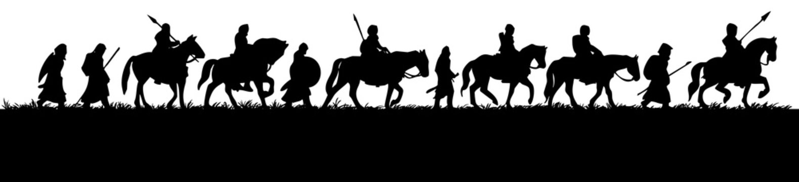 silhouette of group of medieval warriors on the expedition, black illustration, isolated