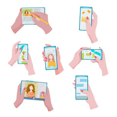 A set of gadgets in hands. Smartphone, tablet or e-book. A device for communication, learning and creativity. Vector illustration of isolates on a white background.
