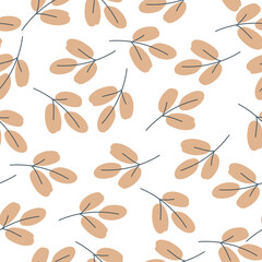 Pattern from natural materials. Print in pastel colors from various plants. Free hand. Seamless pattern. Vector illustration.