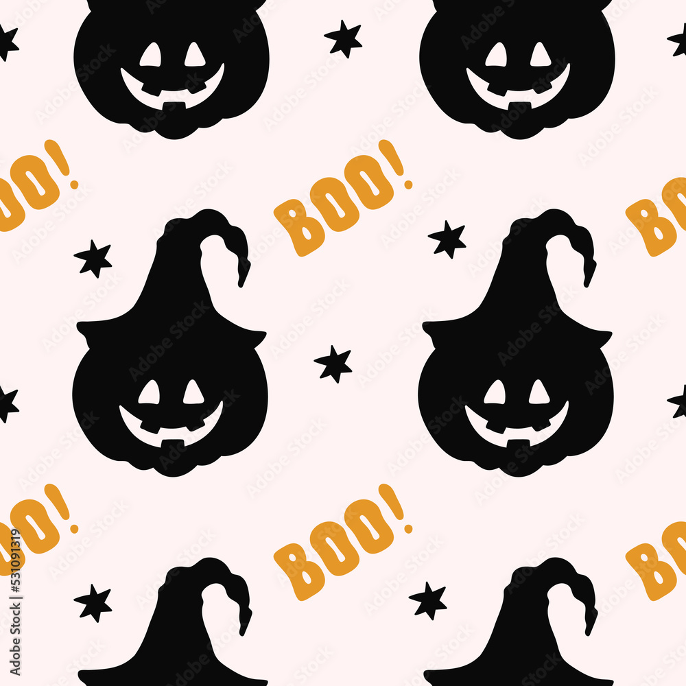 Poster seamless pattern with halloween elements and word boo on a light background. minimal cartoon flat de