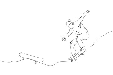 Skateboarder doing a trick with skatebboard set one line art. Continuous line drawing sports, training, sport, leisure, teenager, street culture, subculture, urban, extreme, youth man, stadium.