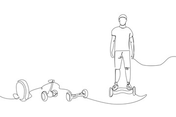 Guy riding a gyroboard with gyroscooter, electric unicycle set one line art. Continuous line drawing sports, training, sport, leisure, teenager, street culture, urban, extreme, youth man, stadium.