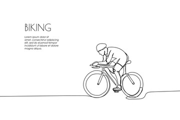 Fototapeta na wymiar Web banner with man in a protective helmet rides a bicycle one line art. Continuous line drawing of promotion poster training, sport, leisure, race, bike, teenager, cycle racing, extreme, woman, man.