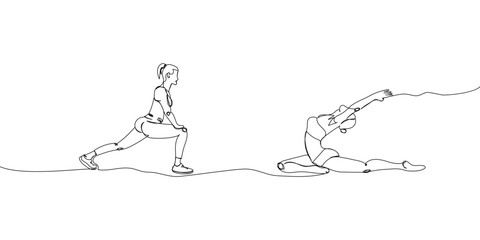 Fitness girls, training set one line art. Continuous line drawing sports, fitness, pilates, athletics, yoga, lunges, strength, athlete, woman, stretching, half twine, workout.