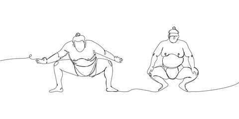 Sumo wrestler pre-fight greeting set one line art. Continuous line drawing japan, fight, obesity, big man, person, pre-fight, athlete, training, ring, sport.