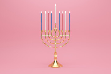 3d rendering Image of Jewish holiday Hanukkah with menorah or traditional Candelabra on a  pink background.