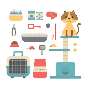 vector illustration with cartoon cat stuff collection