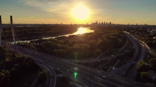 View of the Siekierkowski Bridge in Warsaw and the Vistula River