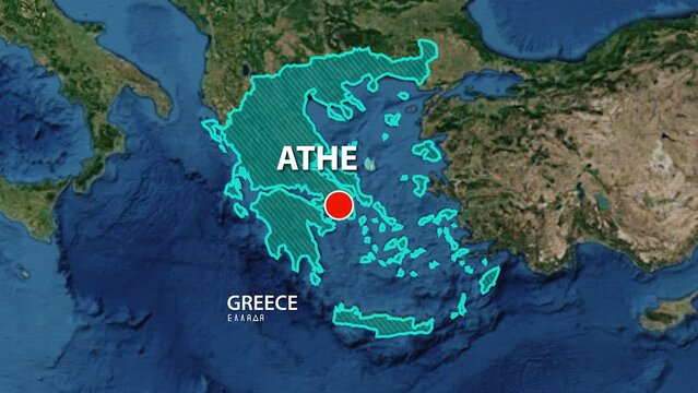 Designation of the borders of Greece on the map and the mark of the location of the city of Athens