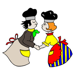 happy young friends are a loving couple of chefs in the kitchen. Hand-drawn.