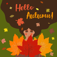 autumn hello girl falling leaves hair brown illustration maple leaf