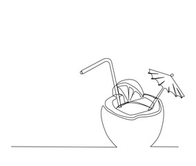 Continuous line drawing of tropical coconut drink vector illustration. Summer tropical coconut juice single line hand drawn minimalism style.