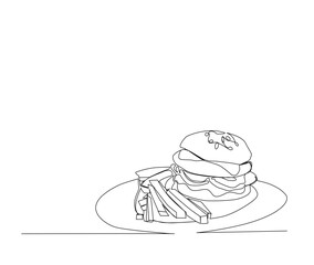 Continuous line drawing of Hamburger and Frenchfries on a plate vector illustration. Hamburger single line hand drawn minimalism style.