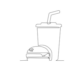 Continuous line drawing of Hamburger and Soft drink vector illustration. Hamburger single line hand drawn minimalism style.