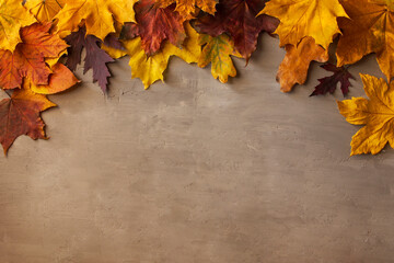 Autumn composition made of fall leaves, flowers, nuts, pine cones on black background. Flat lay, top view with copy space