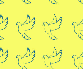 Illustration of a seamless pattern of a dove on a yellow background. Logo, icon, Pray for Ukraine. World peace day concept. ending the war.