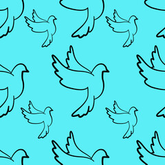 Illustration of a seamless pattern of a dove on a blue background. Peace logo and symbol. We pray for Ukraine. World peace day concept.

