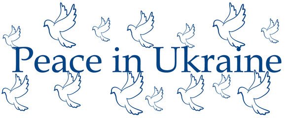 Illustration inscription peace in Ukraine and doves. World peace day concept. Symbols of Ukraine, Pray for Ukraine. No war.
