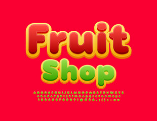 Vector business logo Fruit Shop with modern Font. Bright Alphabet Letters, Numbers and Symbols
