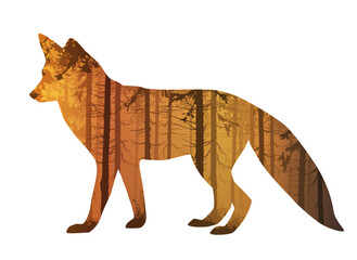 Fox silhouette with forest inside, vector illustration, isolated object