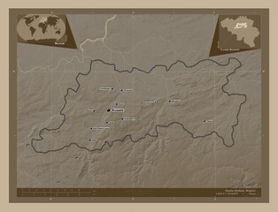 Vlaams Brabant, Belgium. Sepia. Labelled points of cities