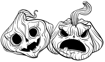 pumpkin lantern with evil grin in inked style