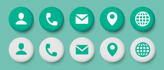 Business card icons in claymorphism style. Round buttons. Set of vector clipart isolated on white background. Contacts icons.	