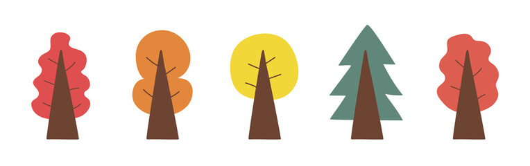 Autumn trees set. Cartoon doodle trees. Trees with yellow and red leaves. Vector clipart isolated on white background.