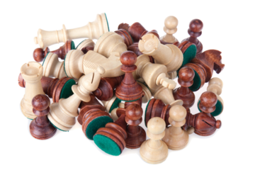 Heap of chess pieces isolated on white