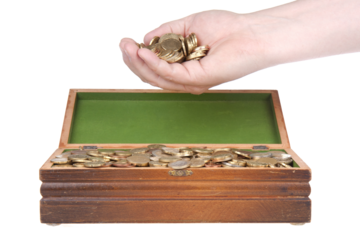 Hand full of coins over a treasure chest, transparent background