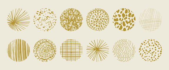 Set of round abstract hand drawn doodle shapes. Backgrounds in the form of a circle of spots, lines, splashes, curves, stripes and dots.