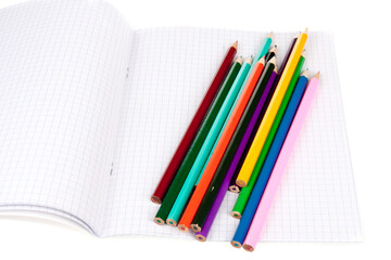 Work book with set of colorful pencils, transparent background