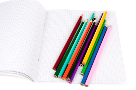 Work book with set of colorful pencils, transparent background